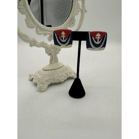 Vintage Anchor Red and Blue Nautical Handpainted Square Post Earrings - Picture 1 of 3